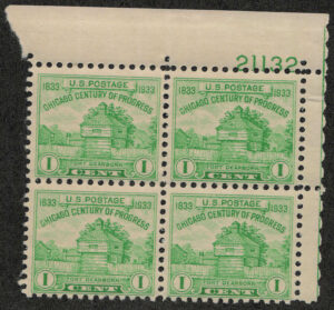 Mint Never Hinged Plateblock USA 1933 SC728 Restoration of Fort Dearborn Yellow green 1 Cent 1933