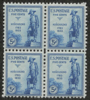 Mint Never Hinged Block USA 1933 SC734 Statute of General Tadeusz Kosciuszko Blue 5 Cent 1933