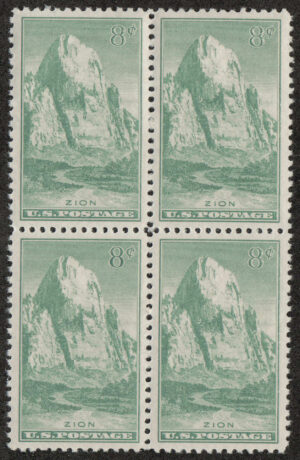 Mint Never Hinged Block USA 1934 SC747 Mountain Great White Throne, Zion National Park, Utah Sage green 8 Cent 1934