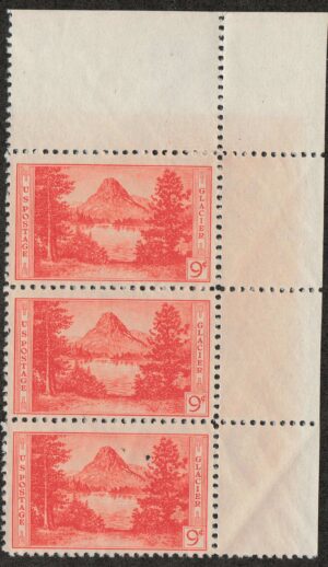Mint Never Hinged Strip USA 1934 SC748 Mount Rockwell and Two Medicine Lake, Glacier National Park Red orange 9 Cent 1934