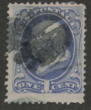 Used Stamp USA 1870 SC145 Benjamin Franklin Ultramarine 1 Cent 1870