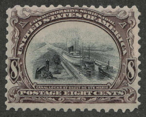 Mint Never Hinged Stamp USA 1901 SC298 Soo Locks (1837), Sault Ste. Marie, Michigan Black,Brown violet 8 Cent 1901
