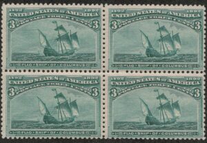 Mint Never Hinged Block USA 1893 SC232 Santa Maria (1460), Flagship of Columbus Green 3 Cent 1893