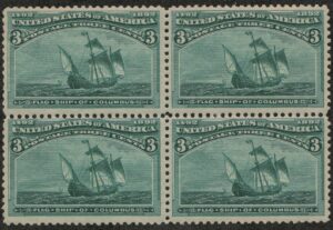 Mint Never Hinged Block USA 1893 SC232 Santa Maria (1460), Flagship of Columbus Green 3 Cent 1893