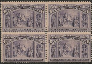 Mint Never Hinged Block USA 1893 SC235 Columbus Welcomed at Barcelona Purple 6 Cent 1893