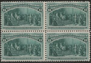 Mint Never Hinged Block USA 1893 SC238 Columbus Announcing His Discovery Dark green 15 Cent 1893