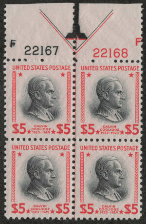 Mint Never Hinged Block USA 1938 SC834 Calvin Coolidge (1872-1933), 30th President of the U.S.A. Black,Carmine 5 Dollar 1938