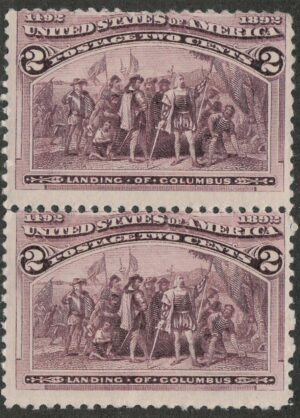 Mint Never Hinged Pair USA 1893 SC231v Landing of Columbus Brown "Broken Hat" violet 2 Cent 1893