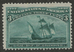 Mint Lightly Hinged Stamp USA 1893 SC232 Santa Maria (1460), Flagship of Columbus Green 3 Cent 1893