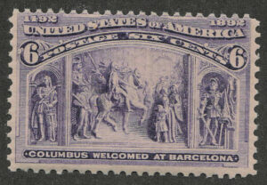 Mint Lightly Hinged Stamp USA 1893 SC235 Columbus Welcomed at Barcelona Purple 6 Cent 1893