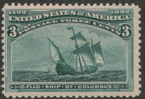 Mint Never Hinged Stamp USA 1893 SC232 Santa Maria (1460), Flagship of Columbus Green 3 Cent 1893