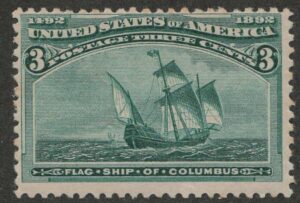 Mint Never Hinged Stamp USA 1893 SC232 Santa Maria (1460), Flagship of Columbus Green 3 Cent 1893