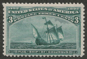 Mint Never Hinged Stamp USA 1893 SC232 Santa Maria (1460), Flagship of Columbus Green 3 Cent 1893