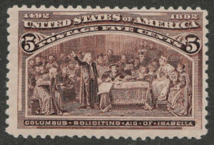 Mint Never Hinged Stamp USA 1893 SC234 Columbus Soliciting Aid from Queen Isabella Chocolate 5 Cent 1893