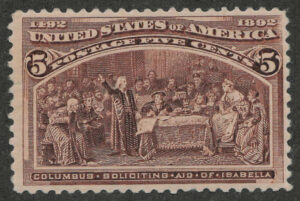 Mint Never Hinged Stamp USA 1893 SC234 Columbus Soliciting Aid from Queen Isabella Chocolate 5 Cent 1893