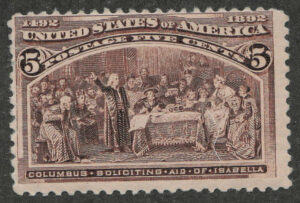 Mint Never Hinged Stamp USA 1893 SC234 Columbus Soliciting Aid from Queen Isabella Chocolate 5 Cent 1893