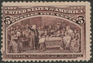Mint Never Hinged Stamp USA 1893 SC234 Columbus Soliciting Aid from Queen Isabella Chocolate 5 Cent 1893