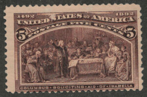 Mint Never Hinged Stamp USA 1893 SC234 Columbus Soliciting Aid from Queen Isabella Chocolate 5 Cent 1893