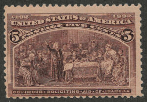 Mint Never Hinged Stamp USA 1893 SC234 Columbus Soliciting Aid from Queen Isabella Chocolate 5 Cent 1893