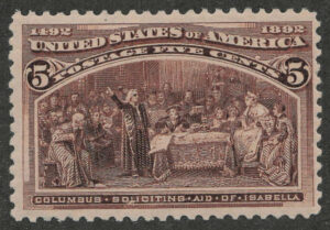 Mint Lightly Hinged Stamp USA 1893 SC234 Columbus Soliciting Aid from Queen Isabella Chocolate 5 Cent 1893