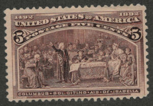 Mint No Gum Stamp USA 1893 SC234 Columbus Soliciting Aid from Queen Isabella Chocolate 5 Cent 1893