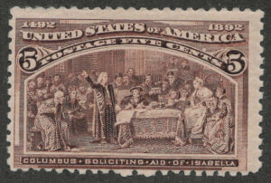 Mint Lightly Hinged Stamp USA 1893 SC234 Columbus Soliciting Aid from Queen Isabella Chocolate 5 Cent 1893