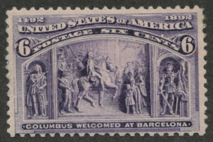 Mint Lightly Hinged Stamp USA 1893 SC235 Columbus Welcomed at Barcelona Purple 6 Cent 1893
