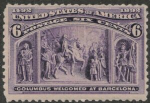 Mint Lightly Hinged Stamp USA 1893 SC235 Columbus Welcomed at Barcelona Purple 6 Cent 1893