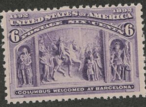 Mint Lightly Hinged Stamp USA 1893 SC235 Columbus Welcomed at Barcelona Purple 6 Cent 1893