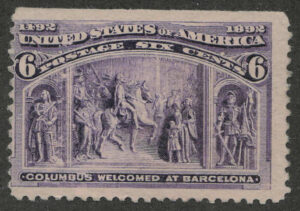 Mint No Gum Stamp USA 1893 SC235 Columbus Welcomed at Barcelona Purple 6 Cent 1893