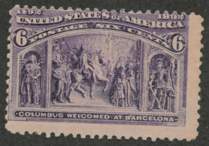 Mint Never Hinged Stamp USA 1893 SC235 Columbus Welcomed at Barcelona Purple 6 Cent 1893