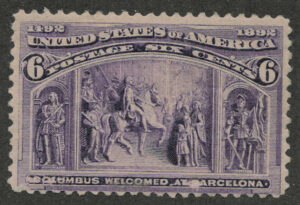 Mint Never Hinged Stamp USA 1893 SC235 Columbus Welcomed at Barcelona Purple 6 Cent 1893