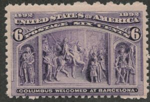 Mint Never Hinged Stamp USA 1893 SC235 Columbus Welcomed at Barcelona Purple 6 Cent 1893