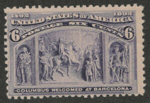 Mint Never Hinged Stamp USA 1893 SC235 Columbus Welcomed at Barcelona Purple 6 Cent 1893