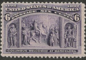 Mint Never Hinged Stamp USA 1893 SC235 Columbus Welcomed at Barcelona Purple 6 Cent 1893