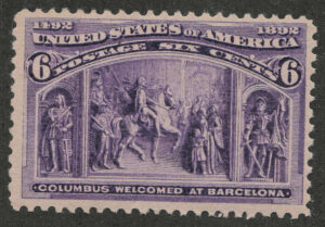 Mint Never Hinged Stamp USA 1893 SC235 Columbus Welcomed at Barcelona Purple 6 Cent 1893