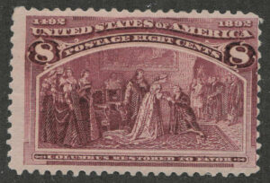 Mint Never Hinged Stamp USA 1893 SC236 Columbus Restored to Favor Magenta 8 Cent 1893