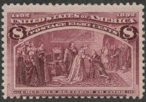 Mint Lightly Hinged Stamp USA 1893 SC236 Columbus Restored to Favor Magenta 8 Cent 1893