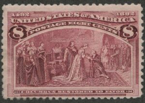 Mint Lightly Hinged Stamp USA 1893 SC236 Columbus Restored to Favor Magenta 8 Cent 1893