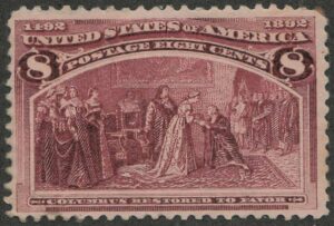 Mint Lightly Hinged Stamp USA 1893 SC236 Columbus Restored to Favor Magenta 8 Cent 1893