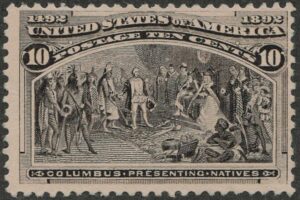Mint No Gum Stamp USA 1893 SC237 Columbus Presenting Natives Black brown 10 Cent 1893