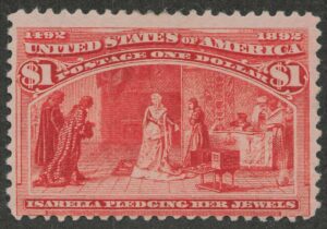 Mint Lightly Hinged Stamp USA 1893 SC241 Queen Isabella Pledging Her Jewels Salmon 1 Dollar 1893