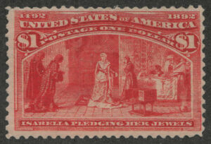 Mint Regummed Stamp USA 1893 SC241 Queen Isabella Pledging Her Jewels Salmon 1 Dollar 1893