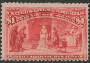 Mint Hinged Stamp USA 1893 SC241 Queen Isabella Pledging Her Jewels Salmon 1 Dollar 1893