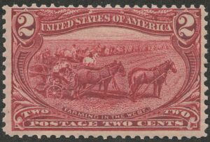Mint Never Hinged Stamp USA 1898 SC286 Farming in the West, Horses (Equus ferus caballus) Copper red 2 Cent 1898