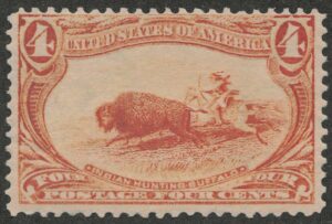 Mint Regummed Stamp USA 1898 SC287 Buffalo (Bison bison), Hunted by Indians Orange 4 Cent 1898
