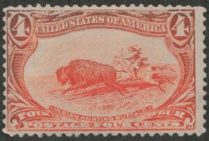 Mint Lightly Hinged Stamp USA 1898 SC287 Buffalo (Bison bison), Hunted by Indians Orange 4 Cent 1898