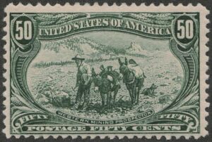 Mint Hinged Stamp USA 1898 SC291 Western Mining Prospector Sage green 50 Cent 1898