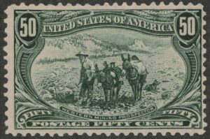 Mint No Gum Stamp USA 1898 SC291 Western Mining Prospector Sage green 50 Cent 1898