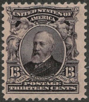 Mint Lightly Hinged Stamp USA 1902 SC308 Benjamin Harrison (1833-1901), 23rd President of the U.S.A. Purple black 13 Cent 1902